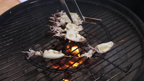 grilled squid skewers on charcoal grill