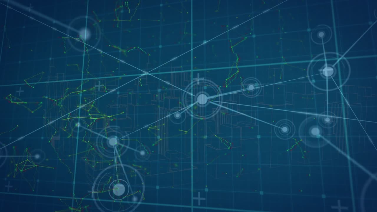 Animation of network of connections over grid network against blue background
