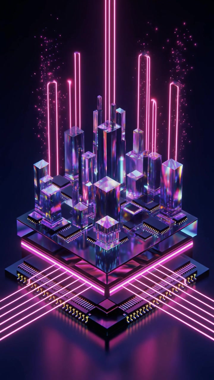 Paesaggio Urbano Digitale Futuristico che Emerge da un Processore di Computer