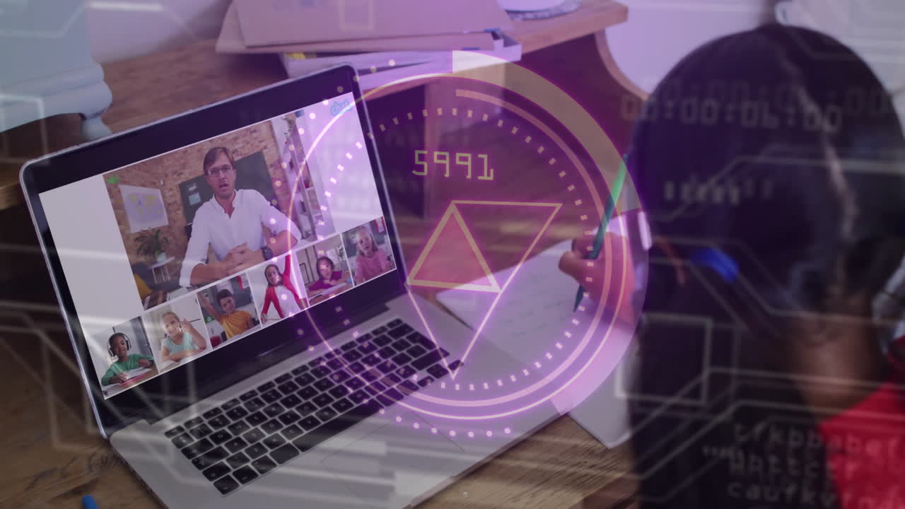 Virtual meeting on laptop with digital data processing animation overlay