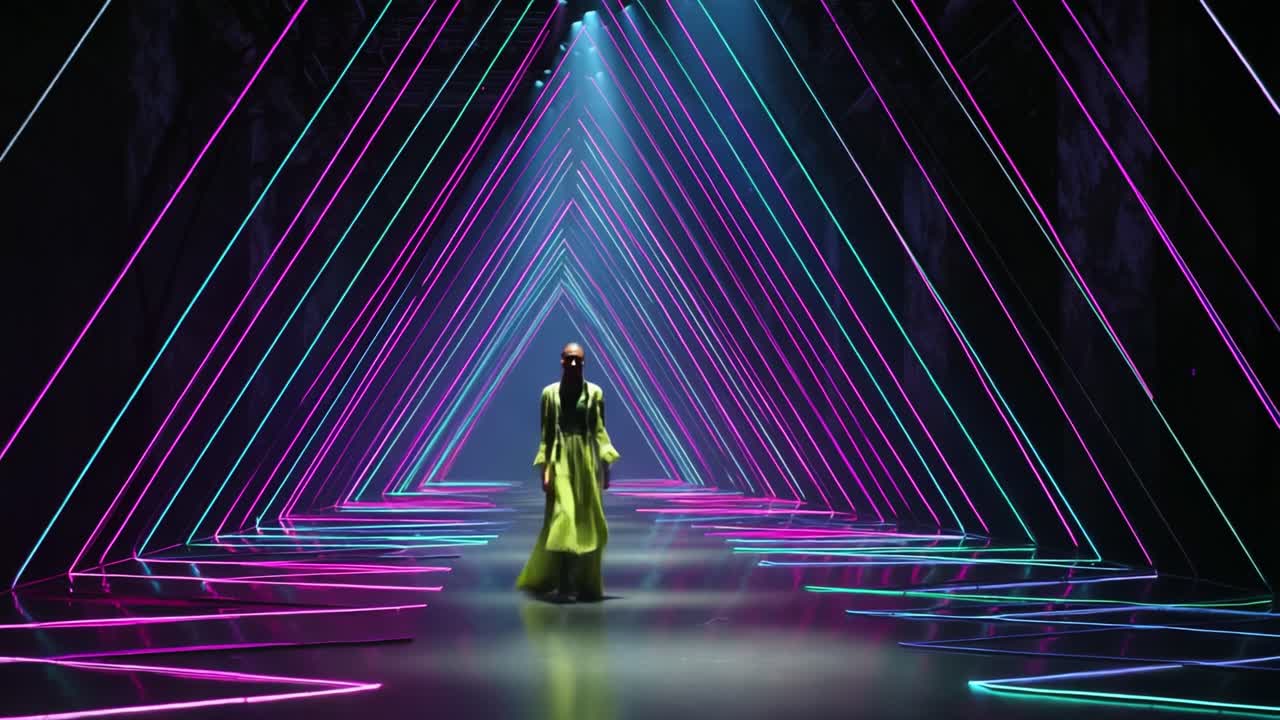 A captivating sequence showcasing a model gracefully walking through an illuminated corridor filled with vibrant, multicolored light beams creating a mesmerizing triangular pattern that draws the eye