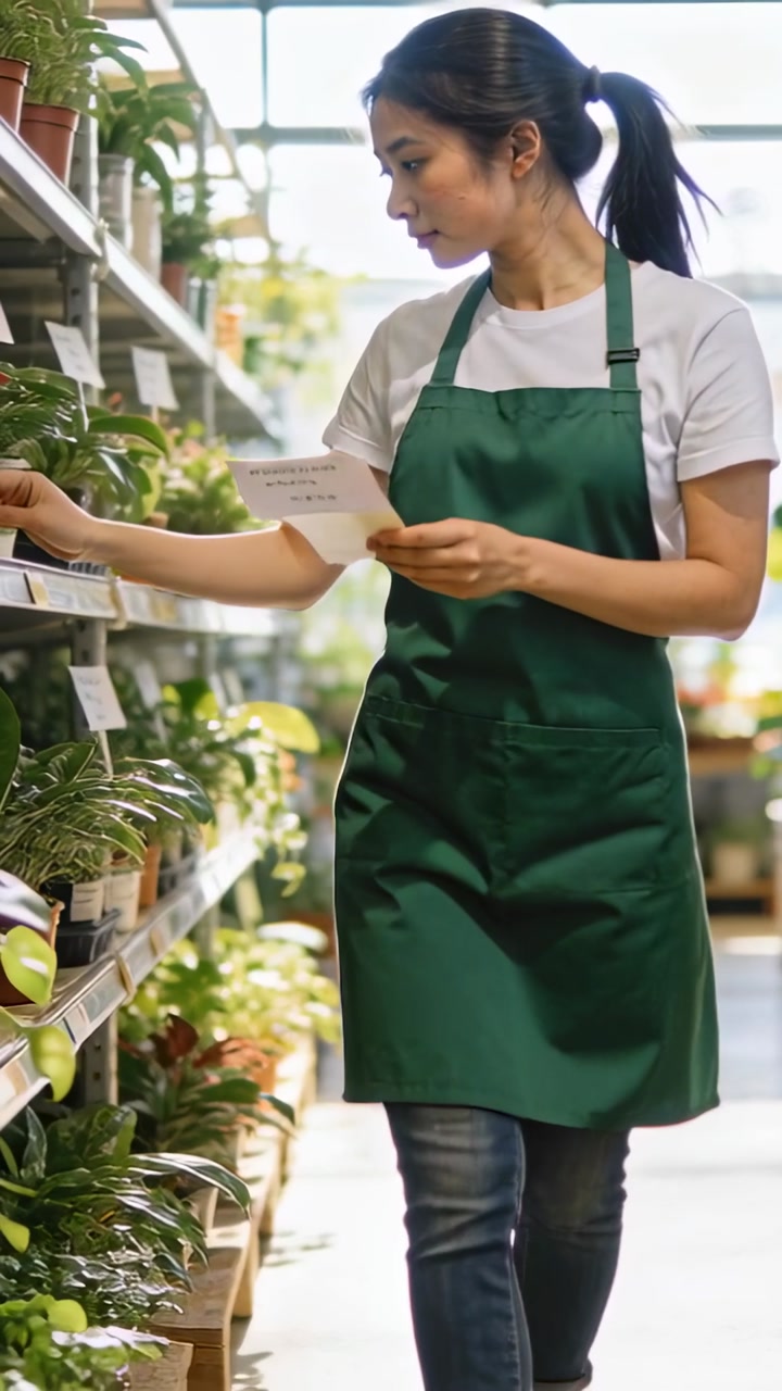 Vertical video: Walking nursery worker reading list and inspecting labels on shelf in green apron