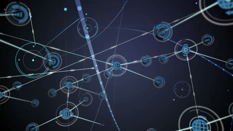 animación de una red de iconos digitales y puntos de luz contra un fondo azul.