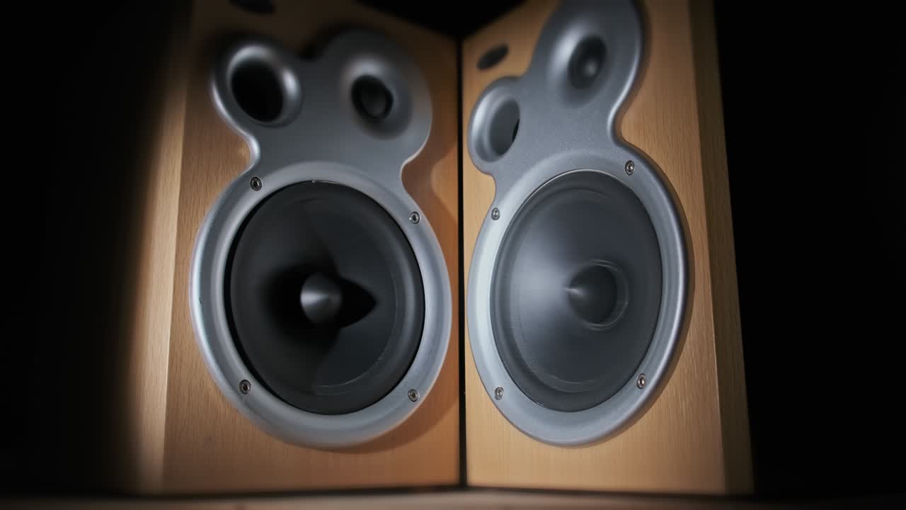 los altavoces de audio vibran de sonido bajo en cámara lenta sobre fondo negro