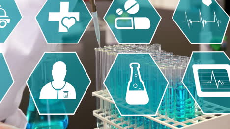 animation of data processing with icons over laboratory