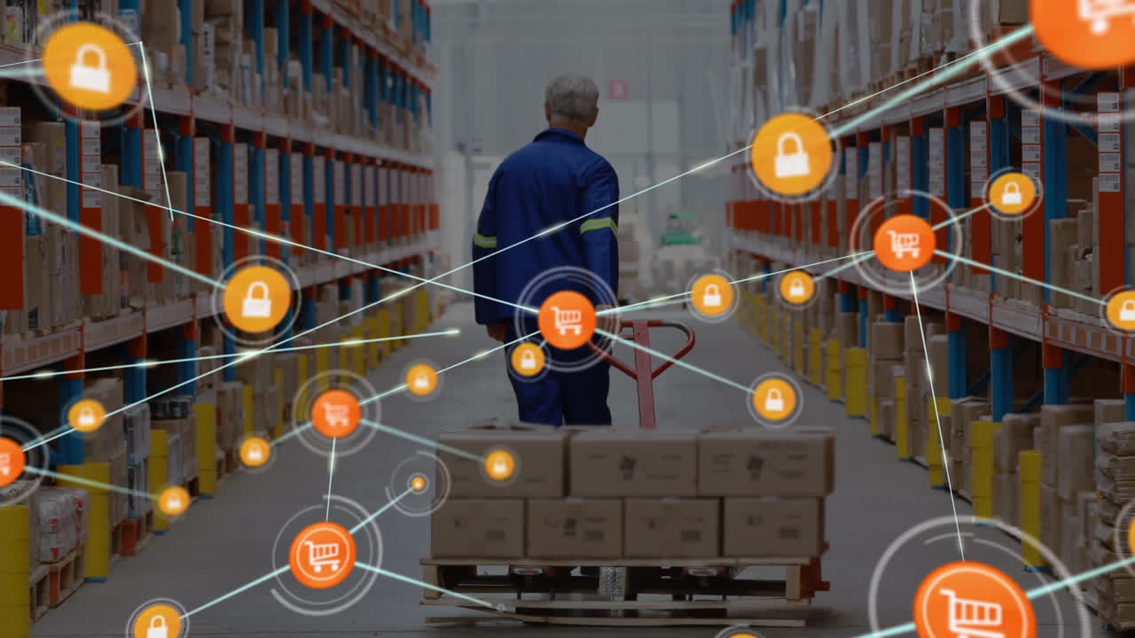 animación de las conexiones de red con iconos de seguridad en línea y de compras