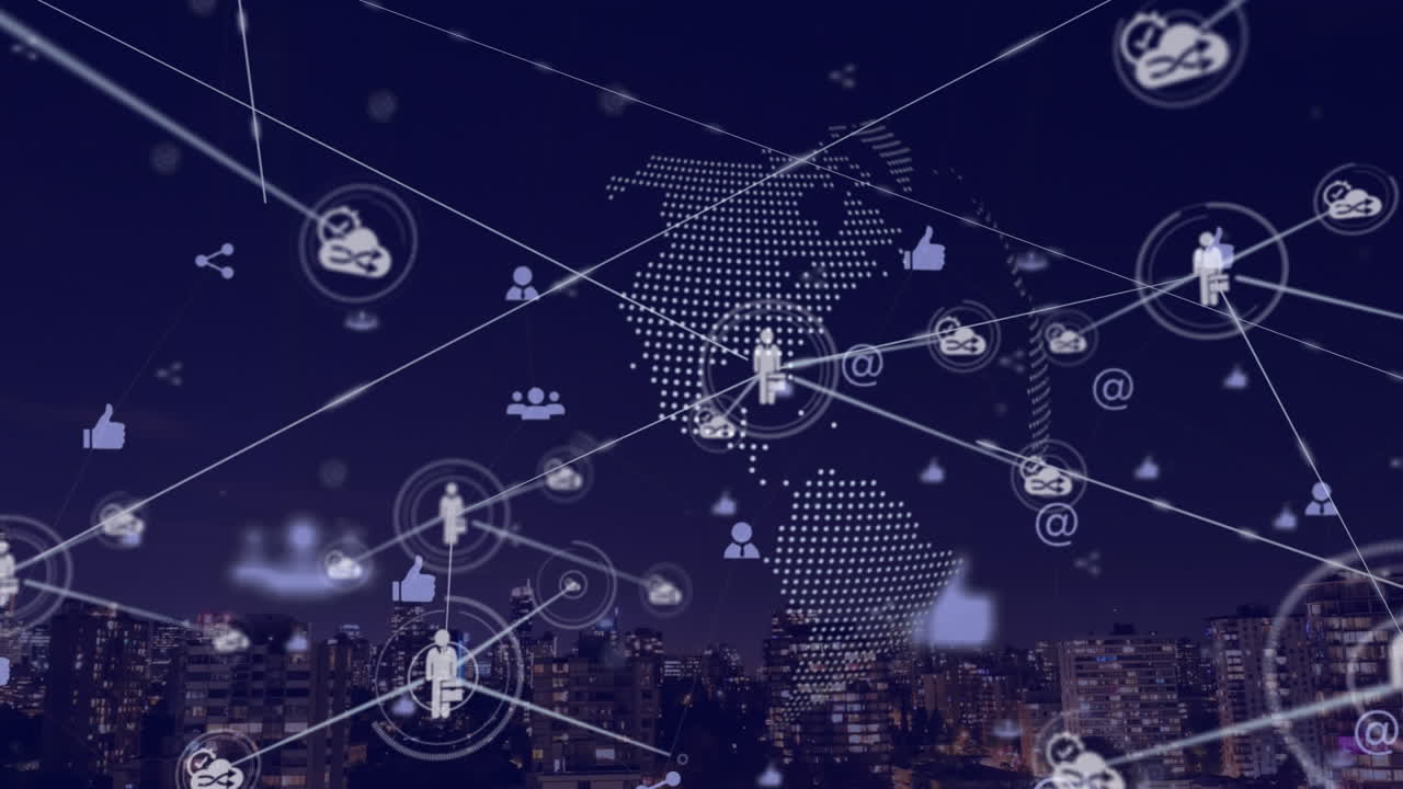 Animation of financial data processing over cityscape