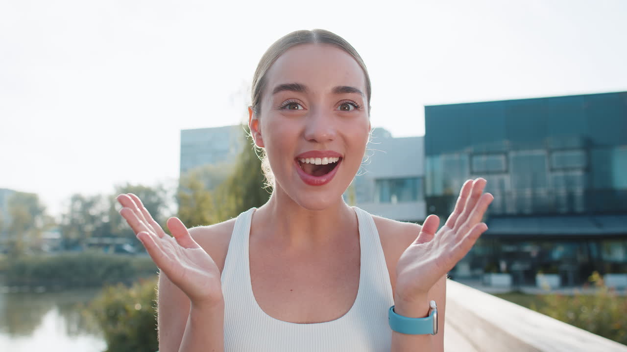 Athletic fitness runner girl woman touches face in surprise looking at camera in urban city park