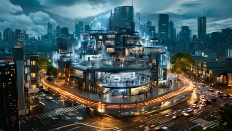 futuristic urban hub at night with glowing structures and bustling traffic