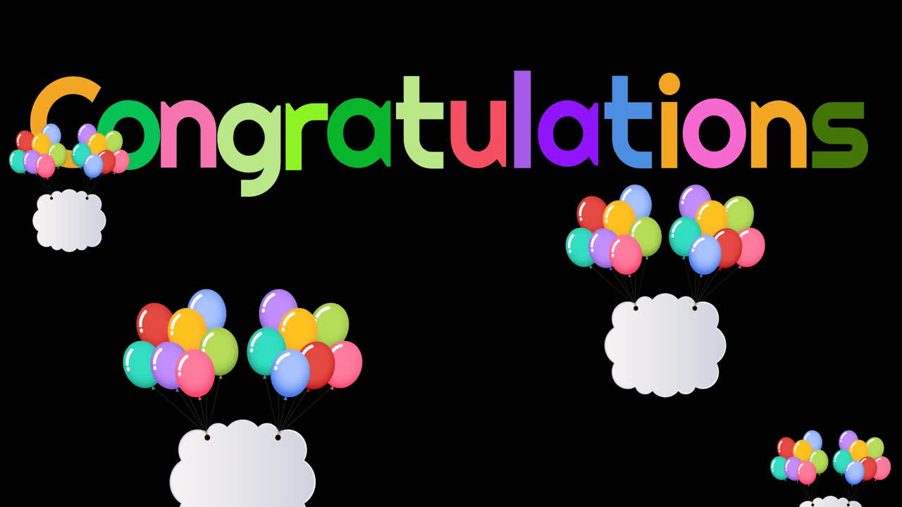 검은색 배경에 있는 다채로운 풍선 위에 있는 축하 문자의 애니메이션