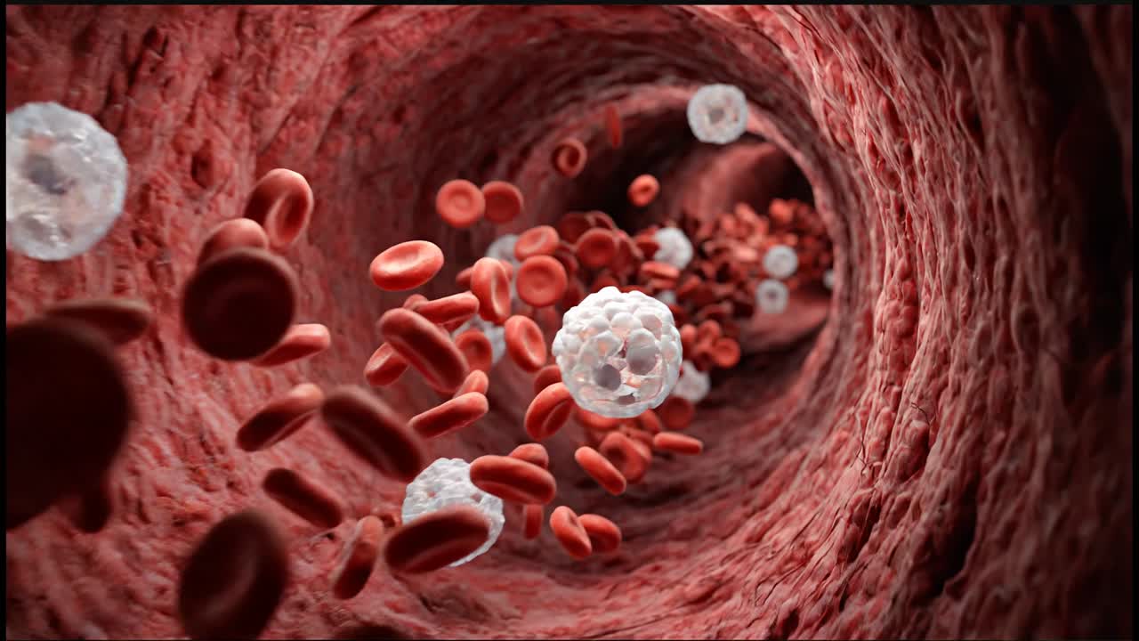 Red and White Blood Cells Flowing Through a Blood Vessel