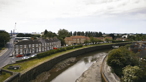 Breathtaking-aerial-drone-footage-displays-Boston,-Lincolnshire:-Port,-ships,-Saint-Botolph-Church-,-Saint-Botolph’s-Bridge