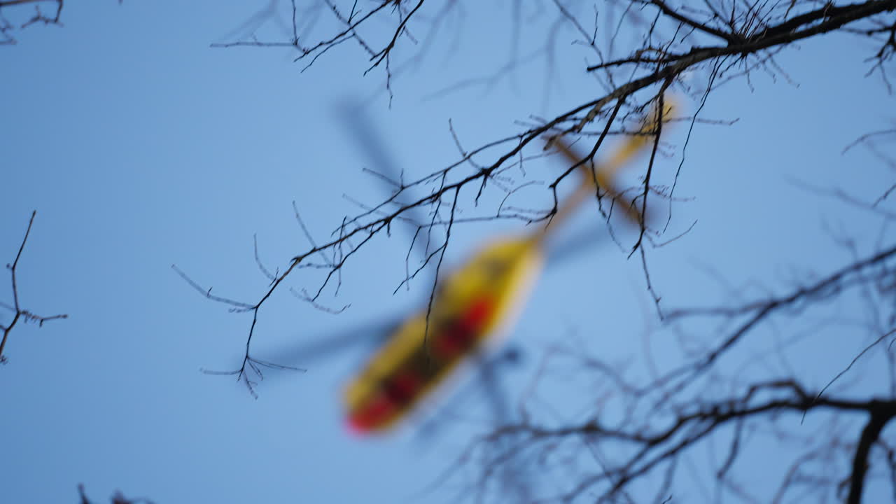 구조 임무에서 푸른 하늘에 있는 나무 위로 날아가는 초점을 잃은 adac 독일 구조 헬리콥터의 추적 샷