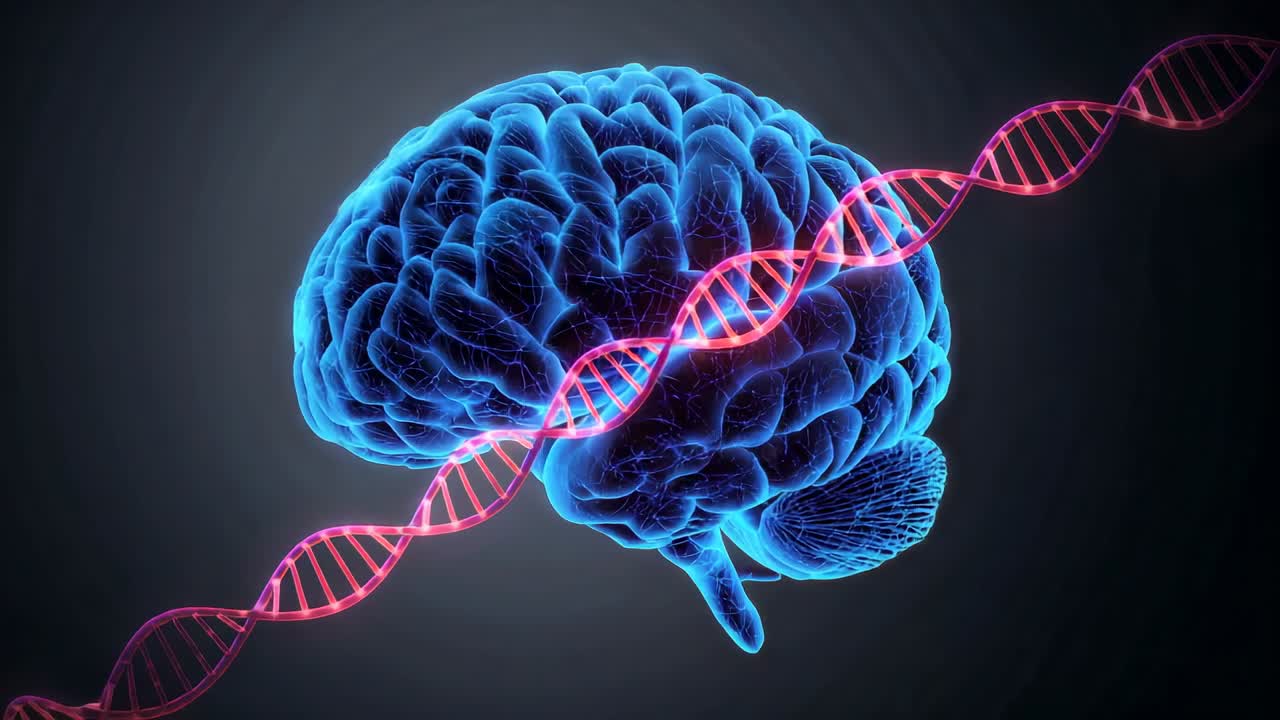 Entering pink DNA double helix rotating and traversing blue 3D human brain on dark grey gradient