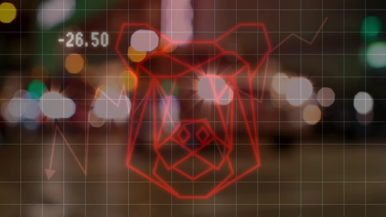 animación de gráficos y cabeza de oso sobre el tráfico vial borroso