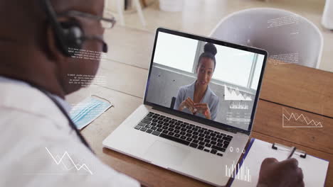 animation of financial data processing over african american businessman using laptop for video call