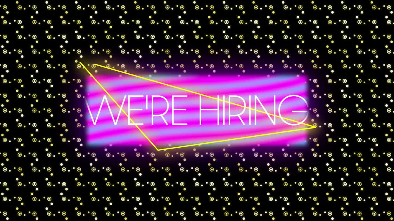 Animation of we're hiring text with pattern on black background