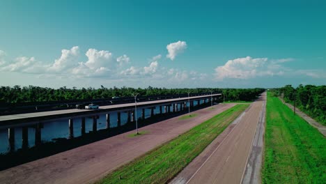 crane-style aerial reveal over maurepas swamp wildlife management area—showcasing lush wetlands for environmental documentaries.