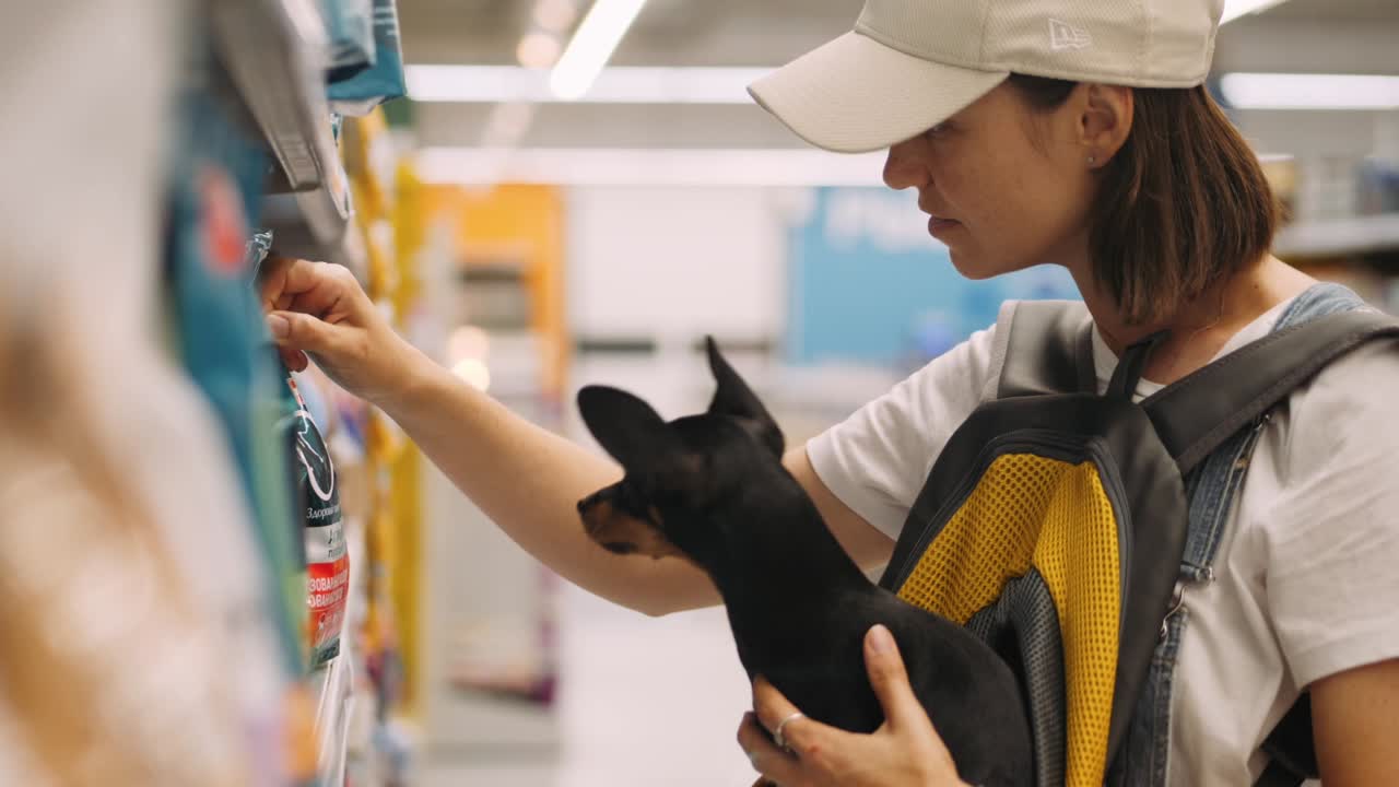 어린 여자가 손에 작은 개를 들고 슈퍼마켓에서 쇼핑을 하고 있습니다.