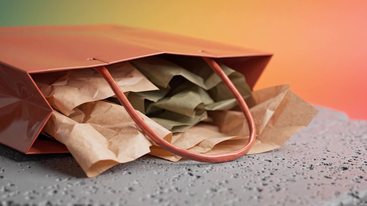 Stylish Shopping Bag Filled with Crumpled Paper on a Textured Surface with a Vibrant Background Creating an Elegant Shopping Experience Aesthetic
