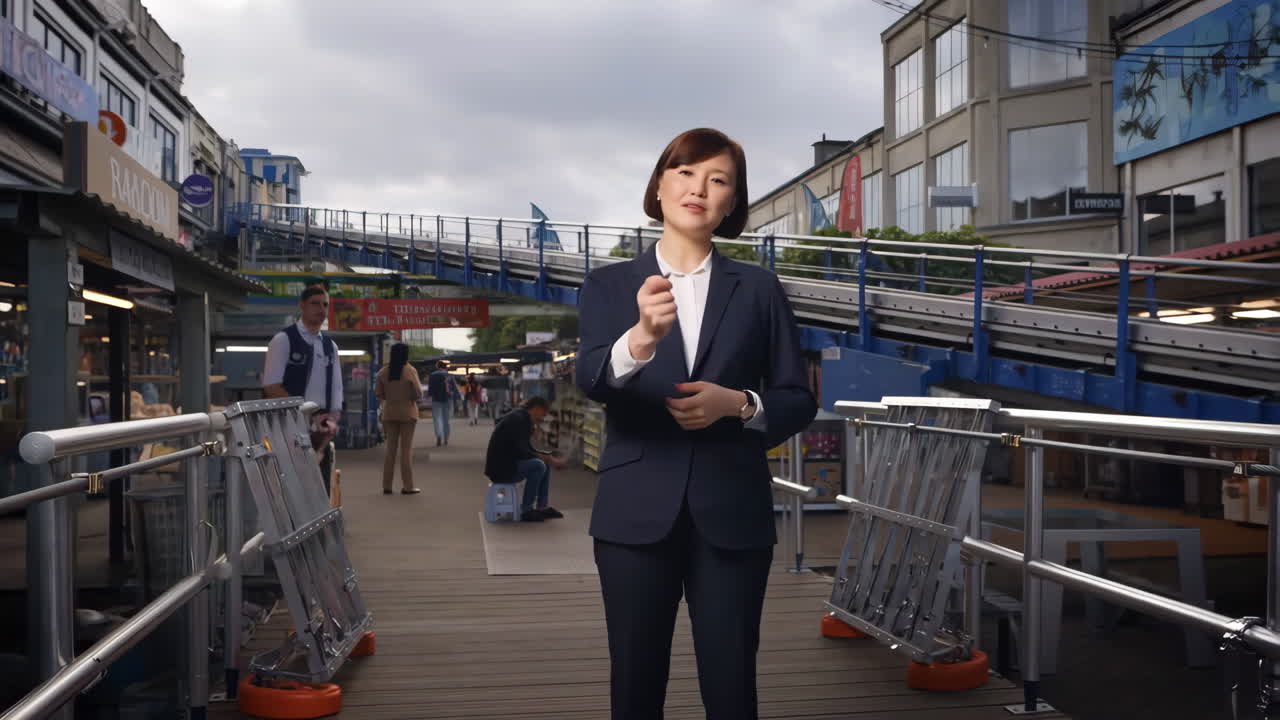 Professional Woman Speaking and Gesturing in an Urban Market Setting