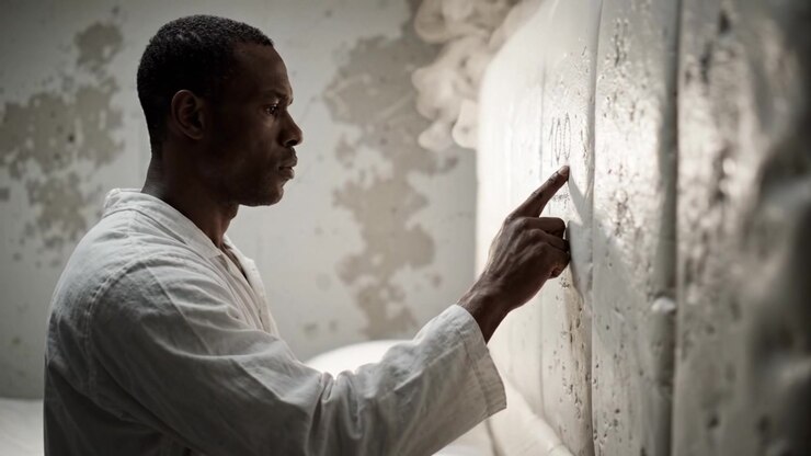 A contemplative man in a white robe thoughtfully examines mysterious markings on a wall, lost in thought within a dimly lit, seemingly abandoned environment.