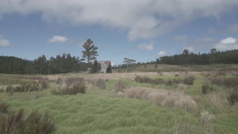 drone volando a baja altitud sobre los campos del parque nacional valle nuevo con una cabaña rural y abandonada en el fondo, constanza en la república dominicana