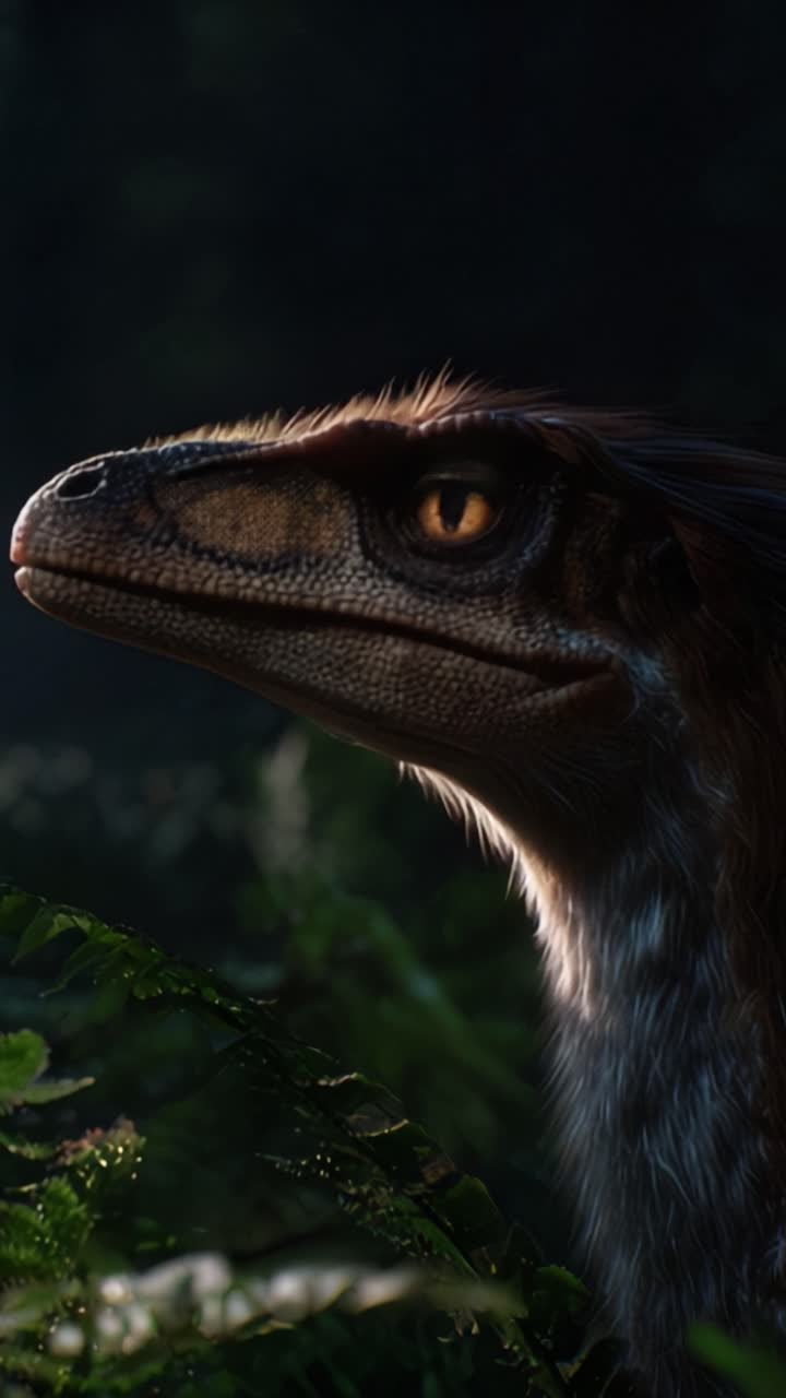 En livaktig fremstilling av en dinosaur med detaljerte trekk som observerer sitt frodige skogshabitat under mykt lys, og viser en slående realisme i designet