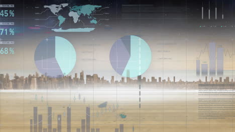 Animación-Del-Procesamiento-De-Datos-Financieros-Sobre-El-Paisaje-Urbano