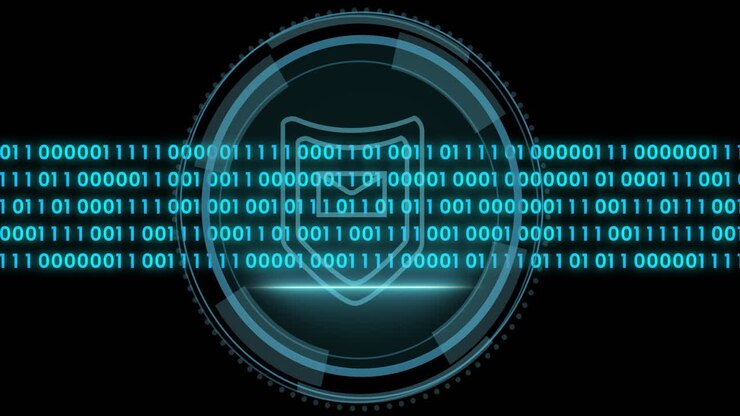 Animation of data processing over shield icon and scope scanning