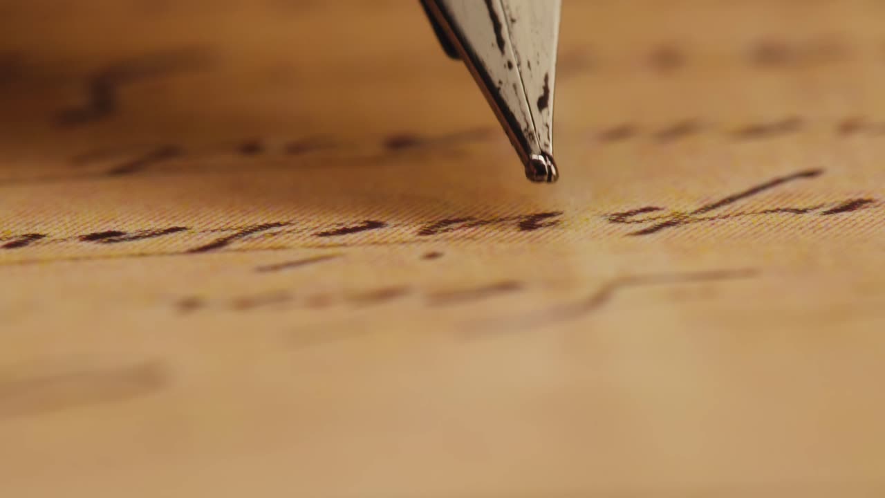 手書きのテキストが入った古い紙に触れる万年筆のペン先