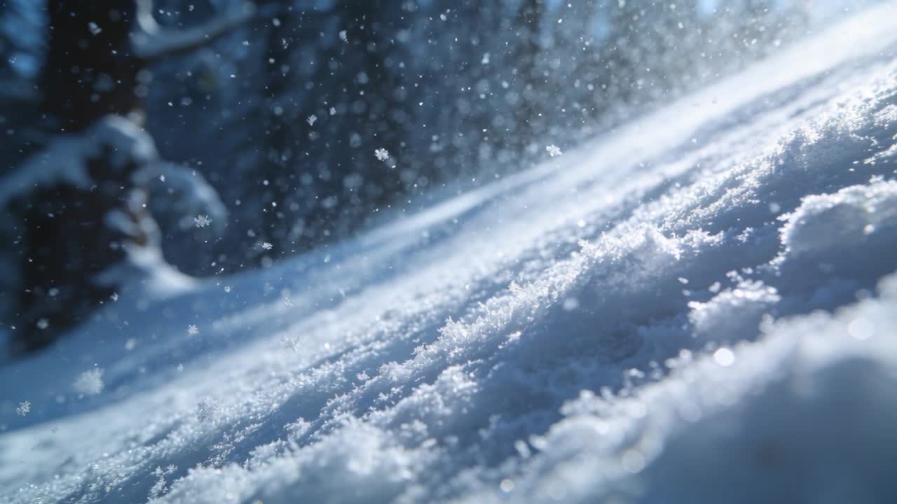 パウダースノーの塊がぶつかって飛沫を上げ、雪片が舞い落ちる中、自然ドキュメンタリー向けに落ち着いていく様子。