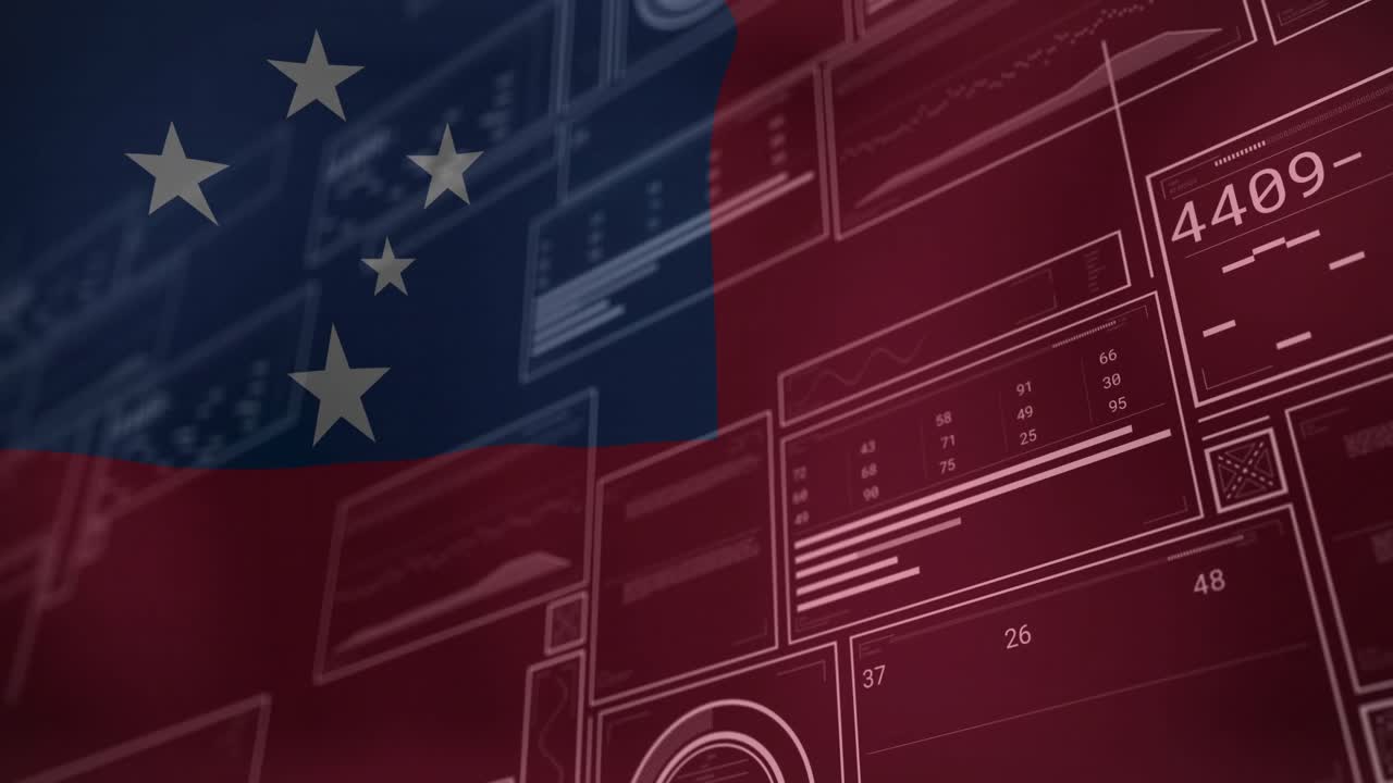 Bandiera samoana che appare gradualmente, causando pannelli scorrevoli che aggiornano le metriche e formano un layout su uno sfondo schematico