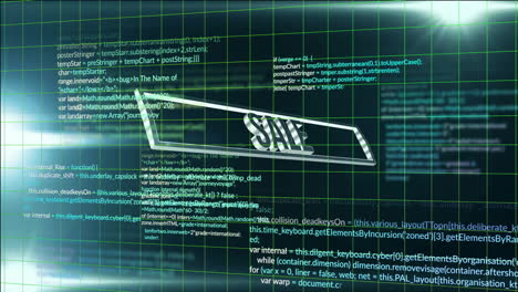Animation of sale text and data processing on black background