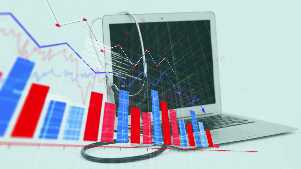 Analyzing healthcare, stethoscope on laptop with financial graphs and animation