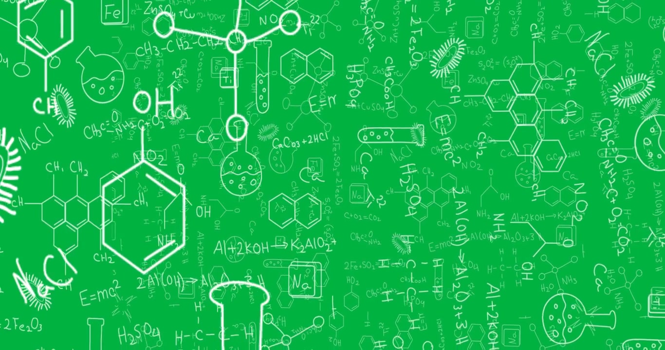 Formule chimiche ed equazioni scientifiche animate su sfondo verde