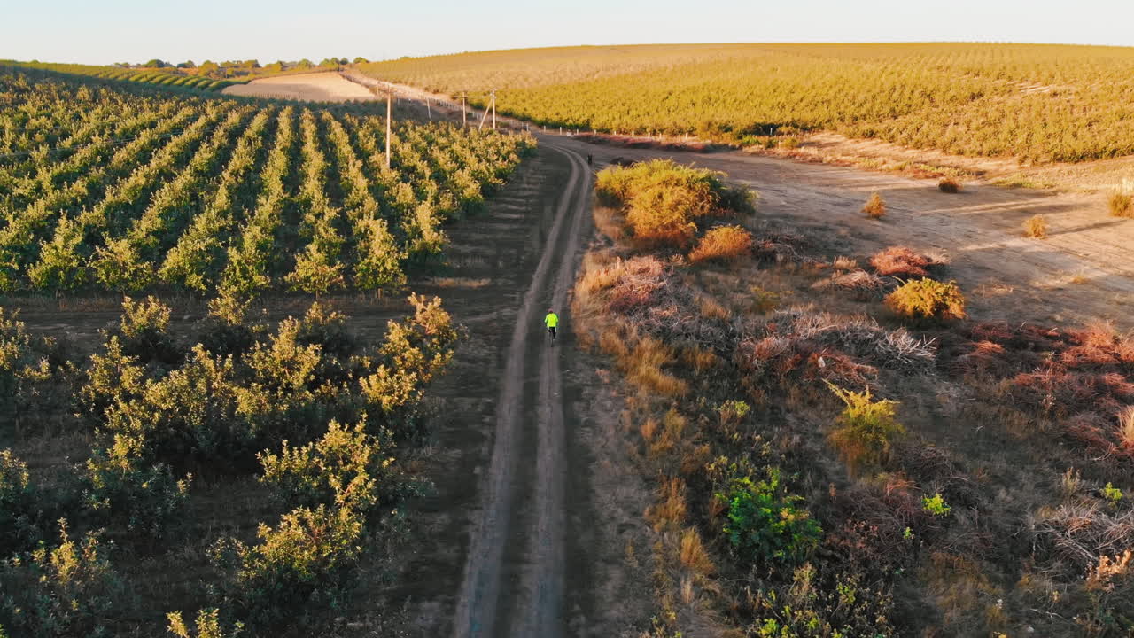 A woman cyclist with green jacket riding on a bike on a country road with field in background in Moldova. Light rays. Aerial drone view