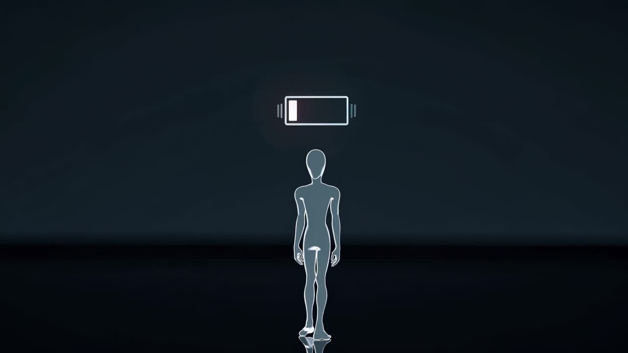 Energy and vitality draining from a human silhouette with a battery indicator over the head slowly depleting, symbolizing exhaustion, burnout, or low energy levels