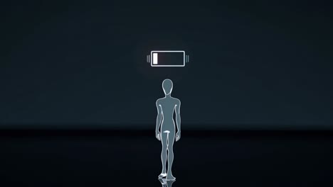 energy and vitality draining from a human silhouette with a battery indicator over the head slowly depleting, symbolizing exhaustion, burnout, or low energy levels