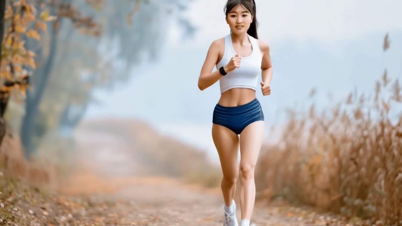 秋の道を走る女性