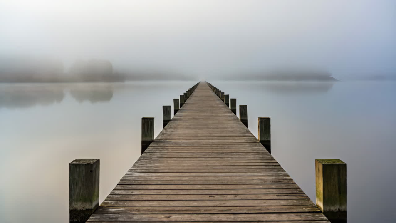 Long Wooden Pier Extending into a Misty Lake