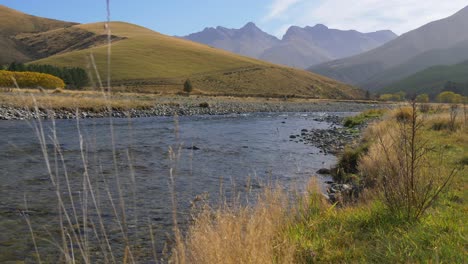 pristine river flowing from the mountain and grassy hills in autumn