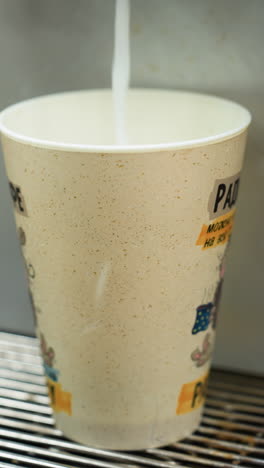 vista de agua caliente siendo vertida en una taza de café desde una máquina. el video es filmado con una cámara de mano, capturando el proceso detallado de llenar la taza con agua humeante
