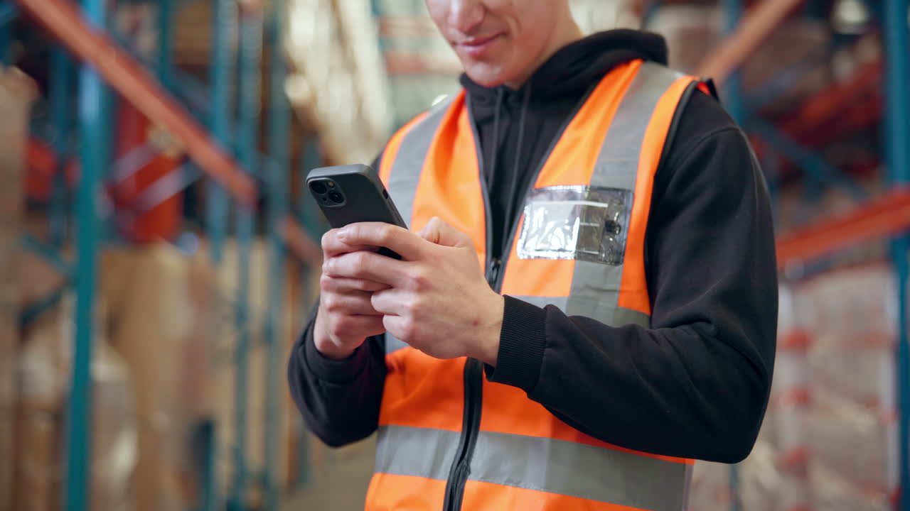 Warehouse worker using phone
