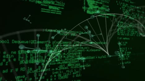 animación de estructuras atómicas y partículas que forman una hélice sobre el procesamiento de datos verdes