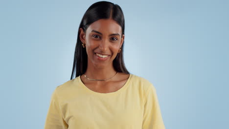 Woman,-face-and-pointing-to-you-in-studio