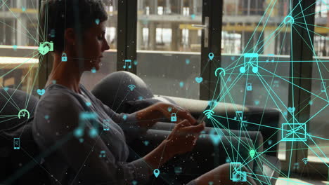 Animation of connected icons globes, thoughtful caucasian woman typing on smartphone