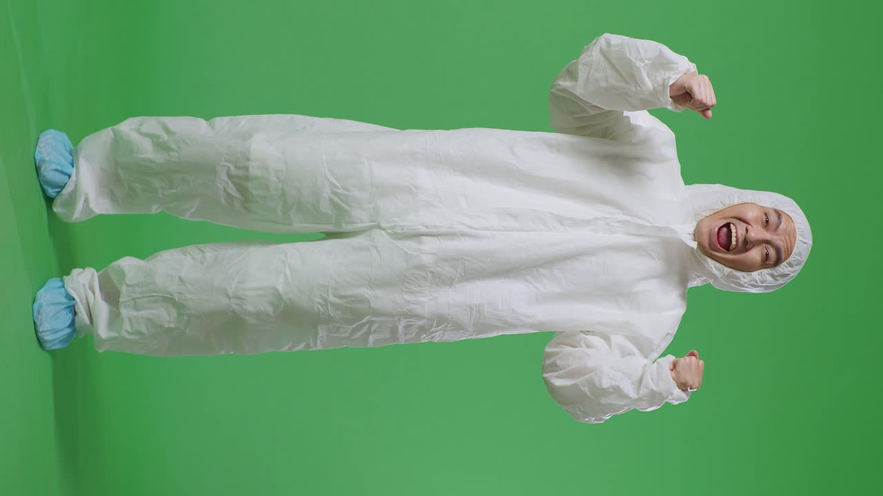 cuerpo lleno de científico masculino asiático celebrando el éxito mientras está de pie en el fondo de la pantalla verde