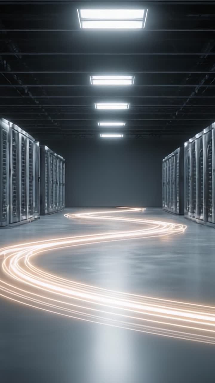 En fantastisk visuel rejse gennem et moderne datacenter med glødende lysspor, der viser avanceret teknologi og fremtiden for digitale lagringsløsninger