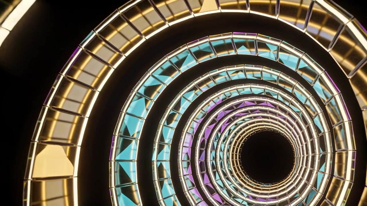 Câmera avançando, com anéis iluminados aninhados movendo-se para dentro através de um túnel, adicionando profundidade com facetas e LEDs.